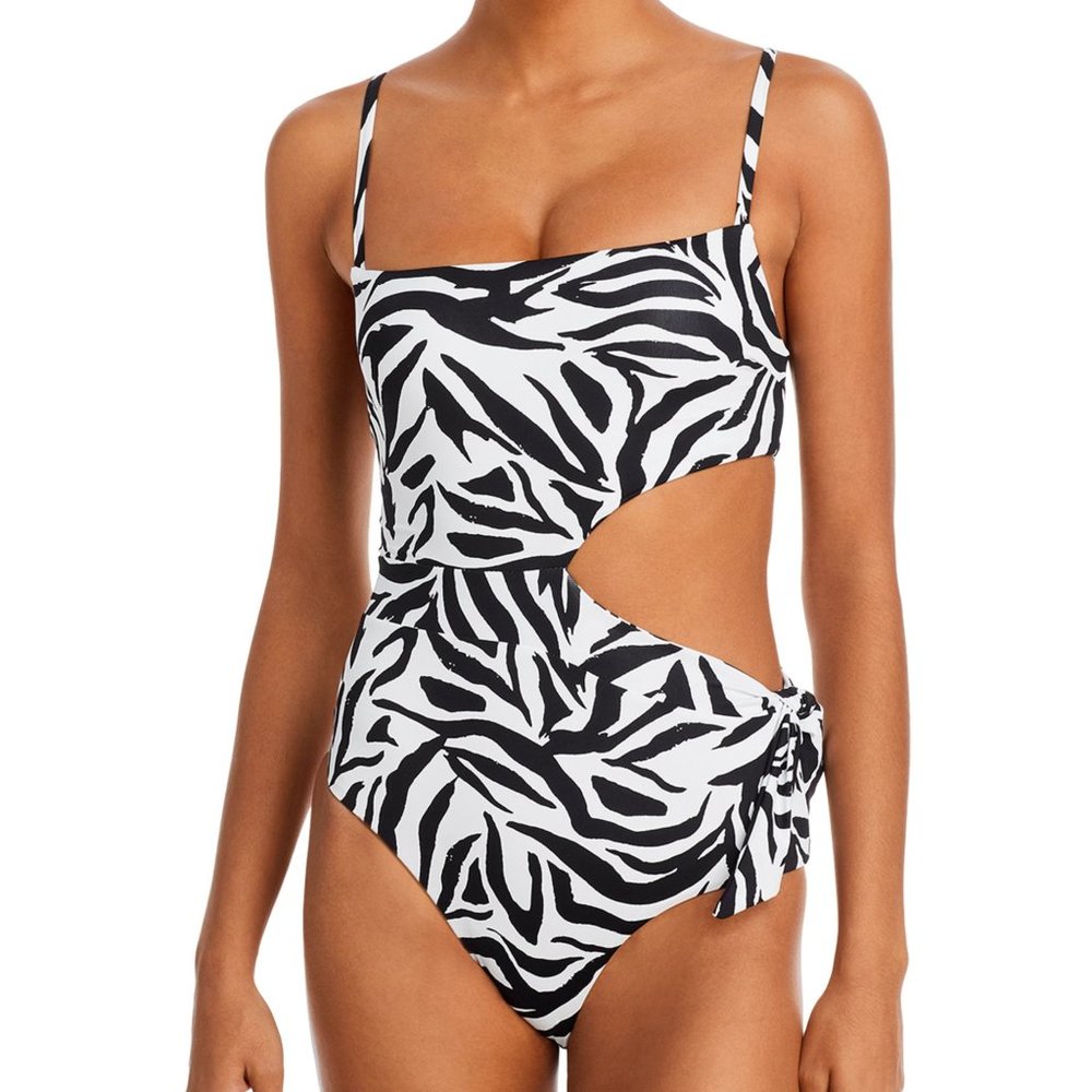 AQUA Swim Women's Sashed Cutout One Piece Swimsuit Black Zebra XL B4HP